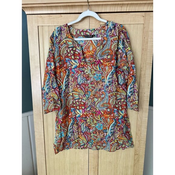 Kikisol Blouse Shirt Womens Medium Colorful Floral Tunic Cover Up Coastal Beach - Picture 6 of 6